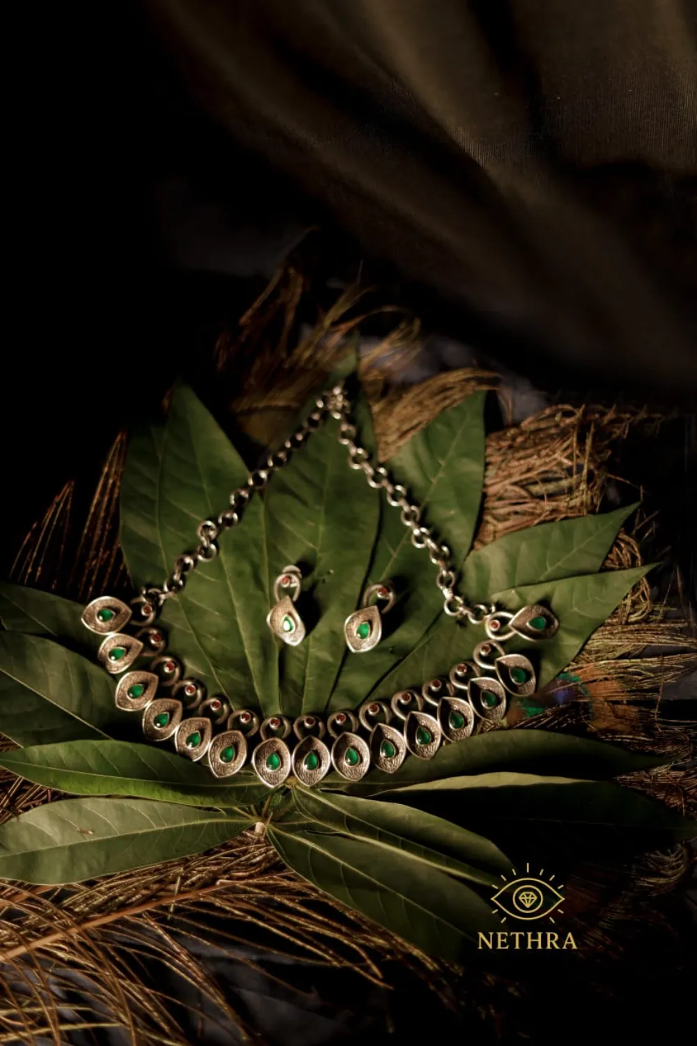 Oxidized Silver Green Stone Leaf Necklace Set