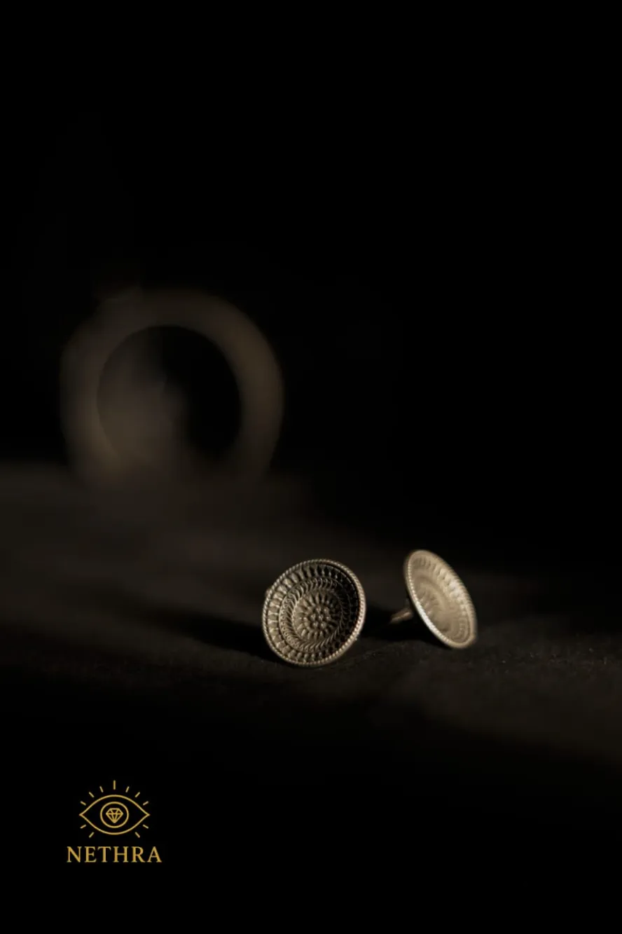 Traditional Oxidized Silver Stud Earrings – Sunburst Floral Design