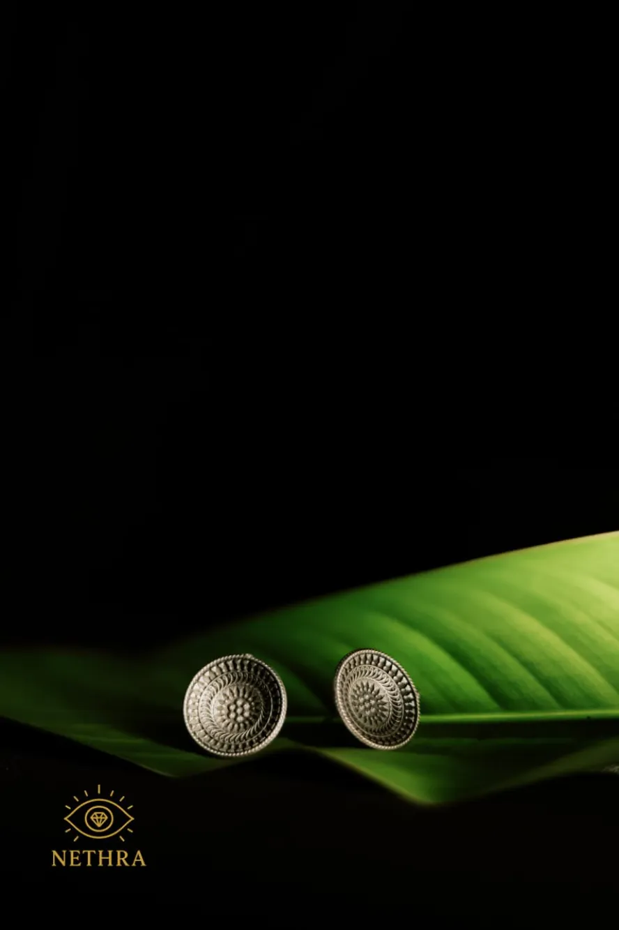 Handcrafted Oxidized Silver Stud Earrings – Ethnic Mandala Design
