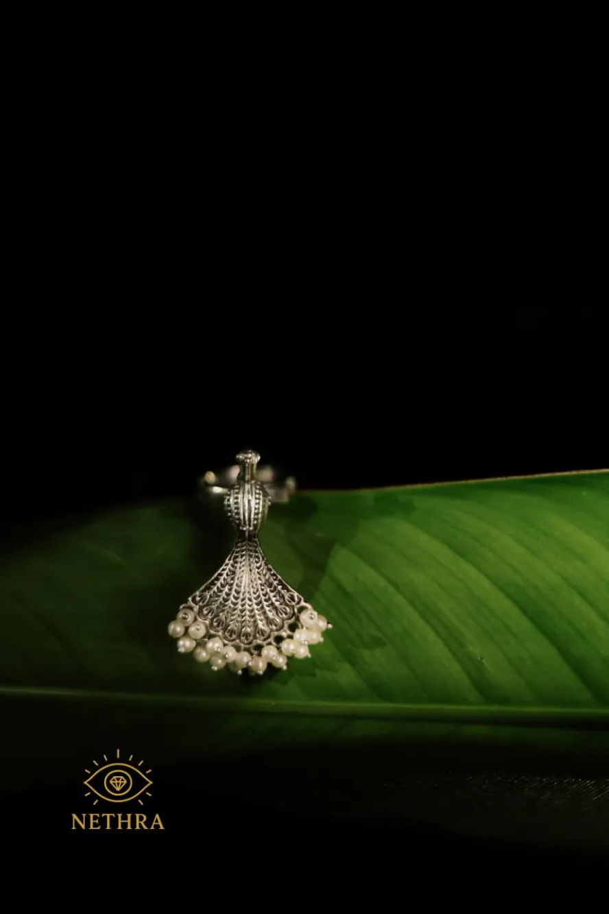 Oxidized Silver Adjustable Jhumka Ring with Pearl Beads