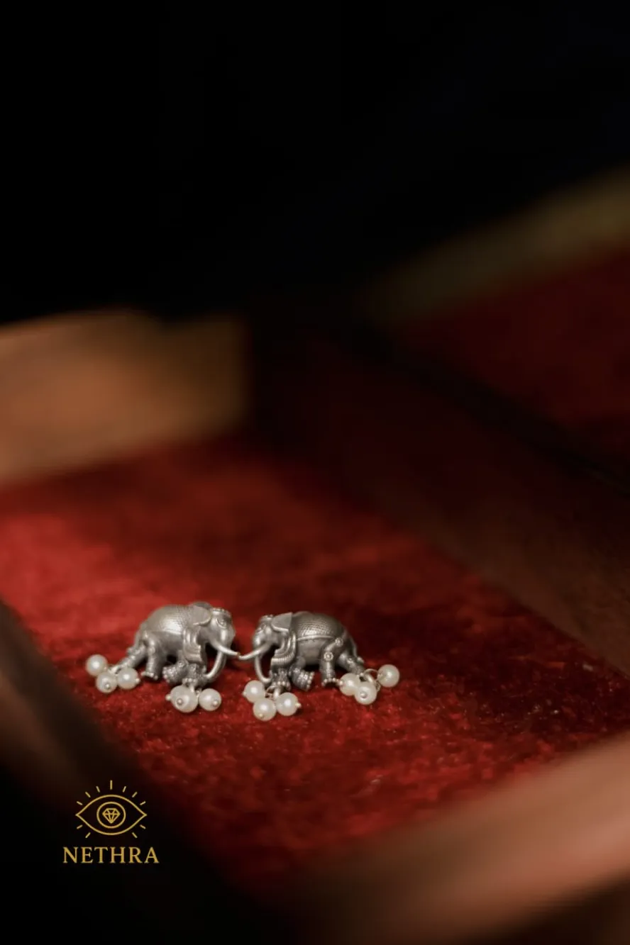 Oxidized Silver Elephant Earrings with Pearl Bead Danglers