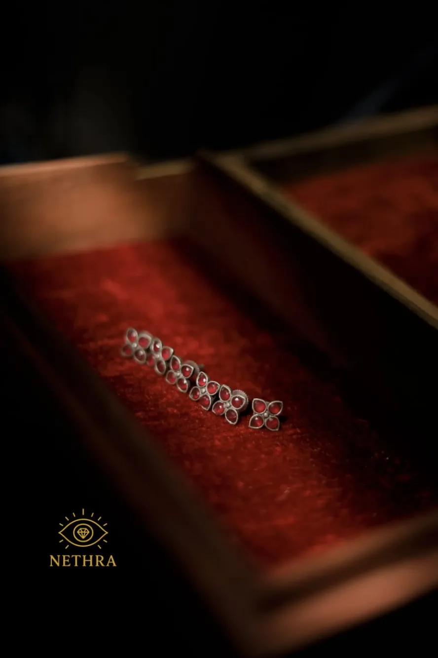 Oxidized Silver Floral Bracelet with Red Stone Detailing