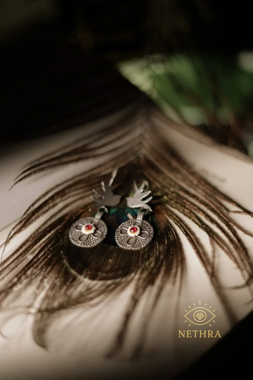 Oxidized Silver Floral Drop Earrings with Red Stone Center