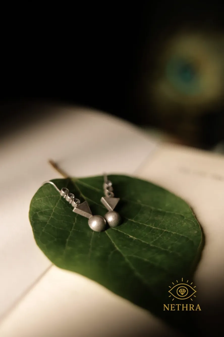Oxidized Silver Geometric Drop Earrings – Triangle & Ball Design