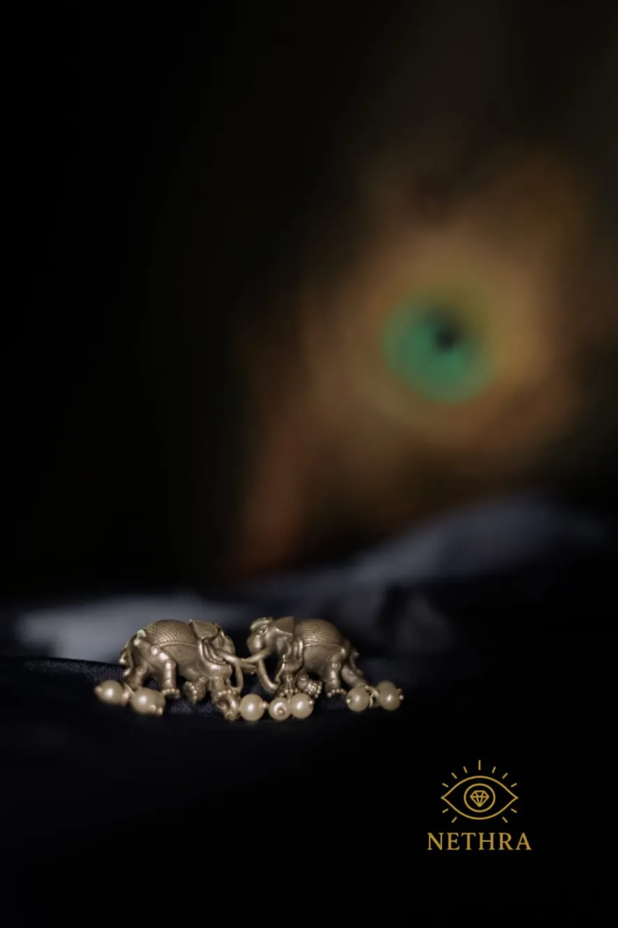 Oxidized Silver Elephant Earrings with Pearl Danglers