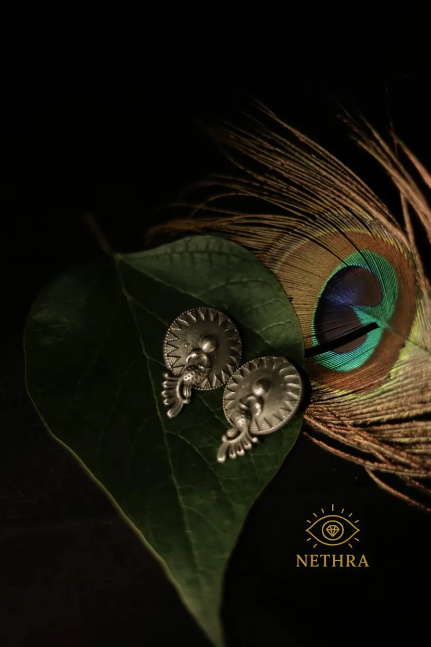 Oxidized Silver Peacock Stud Earrings – Sunburst Design