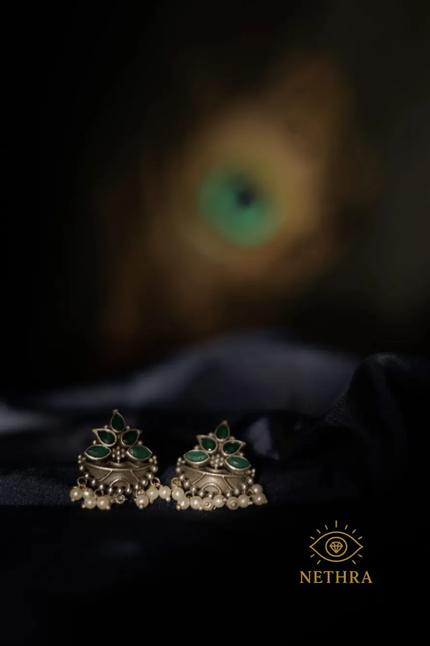 Oxidized Silver Green Stone Floral Stud Earrings with Pearl Danglers