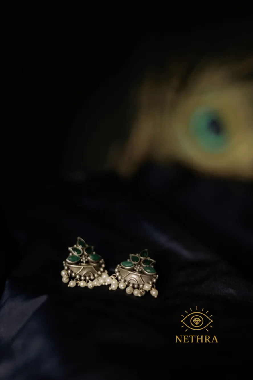 Oxidized Silver Green Stone Floral Stud Earrings with Pearl Danglers