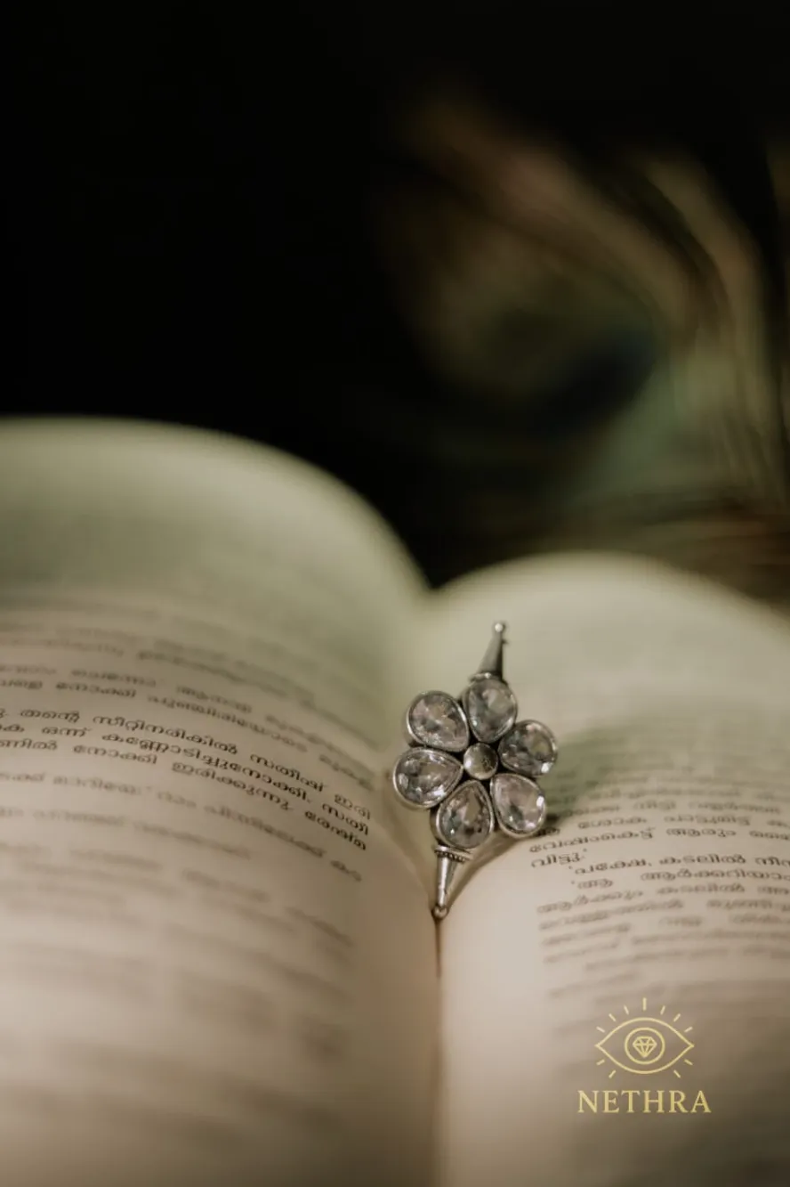 Oxidized Silver Floral Earrings with White Stone Embellishments