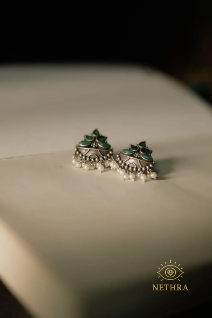 Oxidized Silver Green Stone Floral Stud Earrings with Pearl Danglers