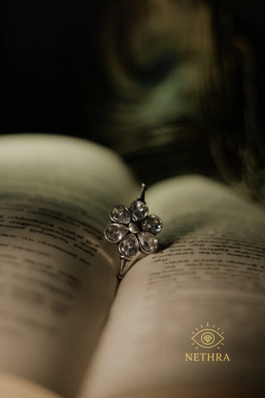 Oxidized Silver Floral Earrings with White Stone Embellishments