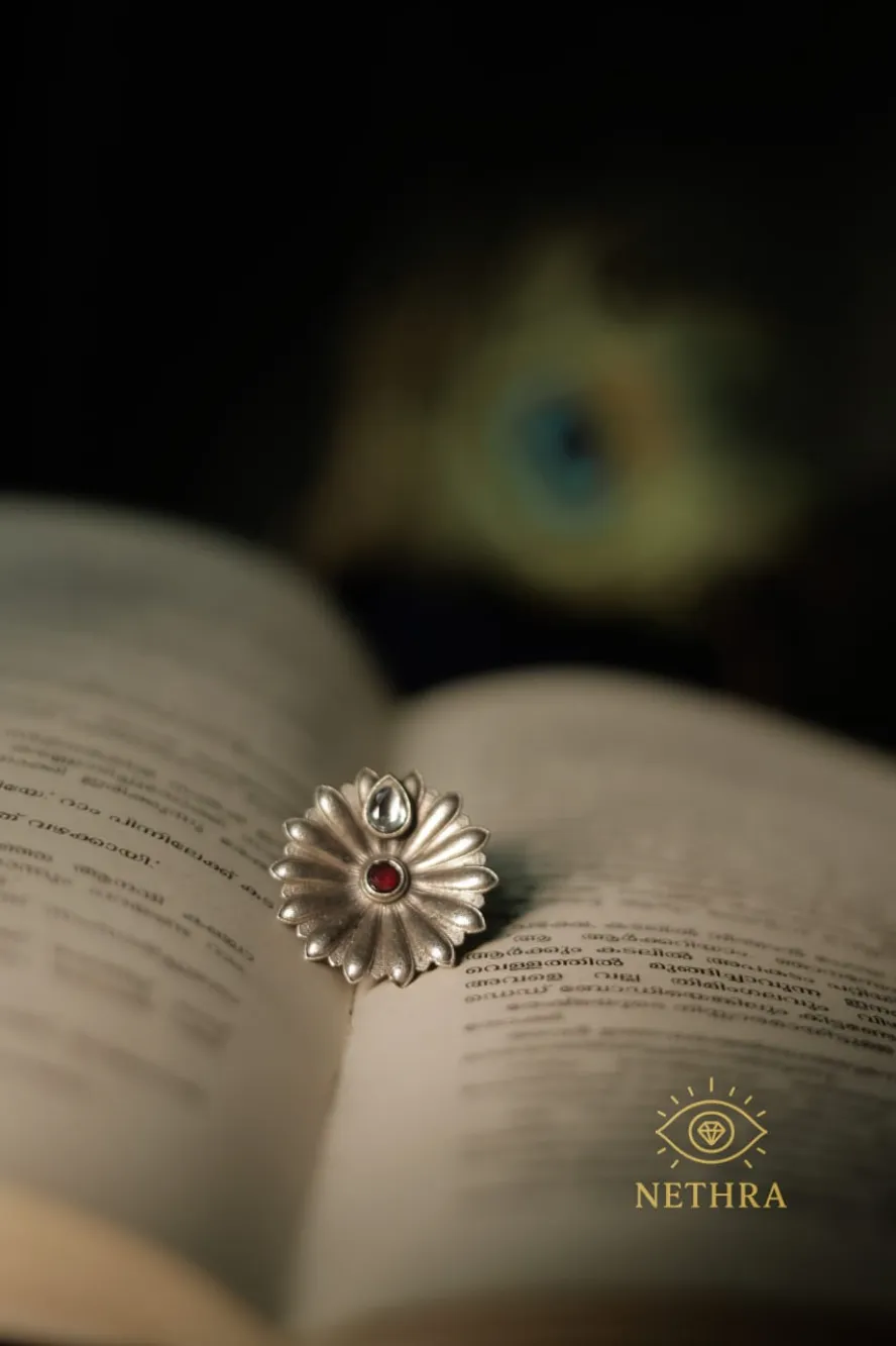 Oxidized Silver Floral Stud Earrings with Red & White Stone Accents