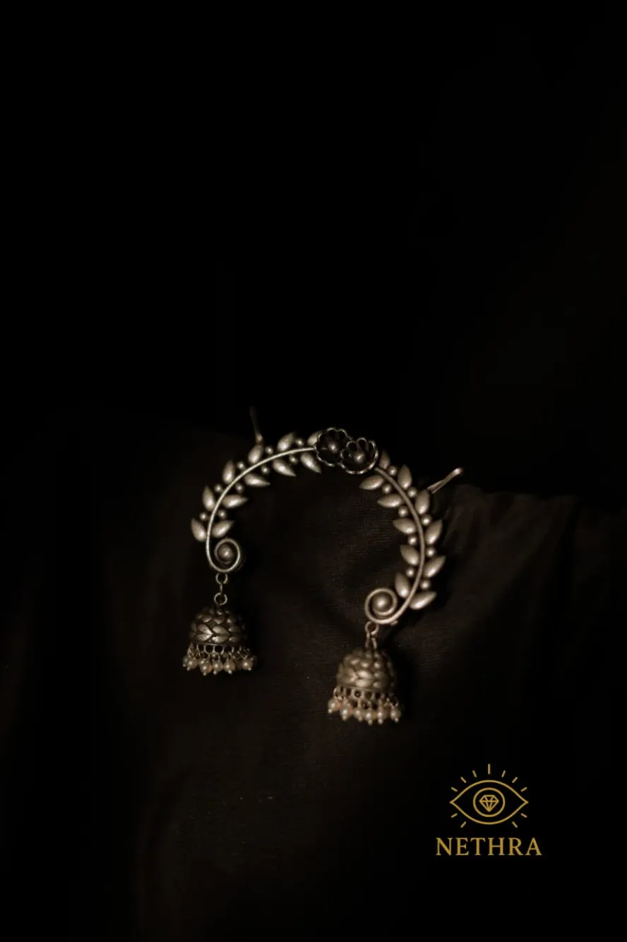 Oxidized Silver Floral Vine Hoop Jhumka Earrings