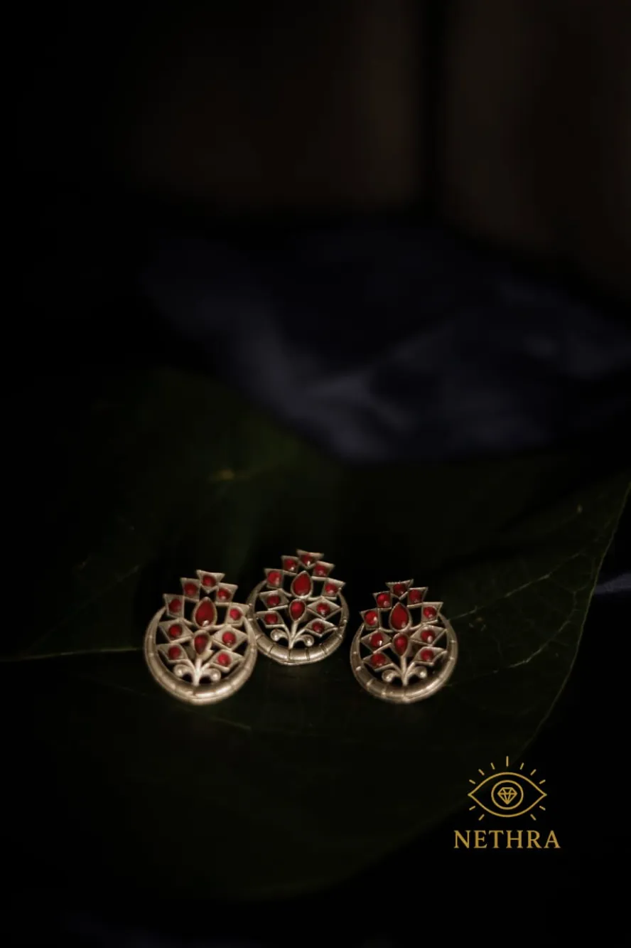Oxidized Silver Lotus Motif Earrings with Red Stones