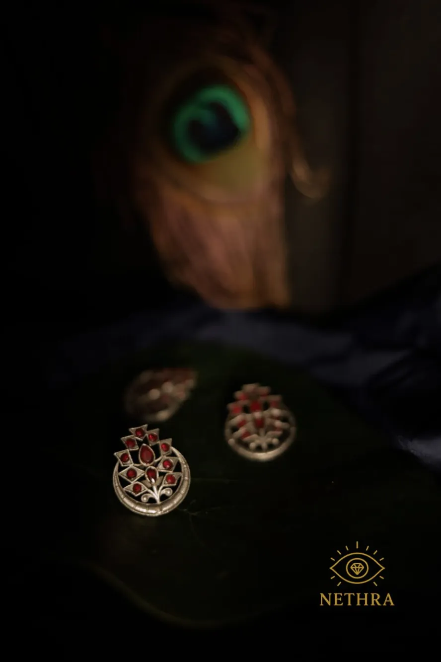 Oxidized Silver Lotus Motif Earrings with Red Stones