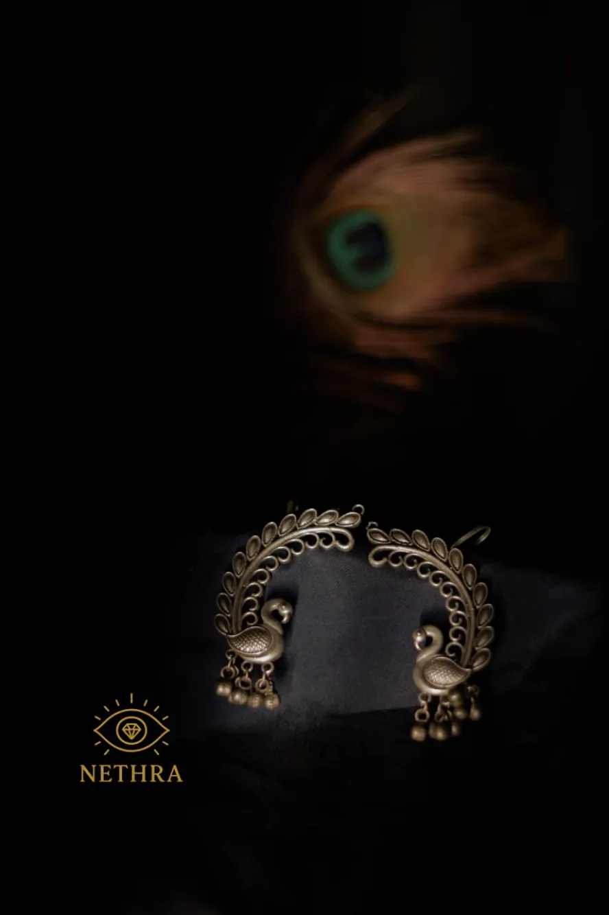 Oxidized Silver Peacock Motif Earrings with Leaf Arch Design