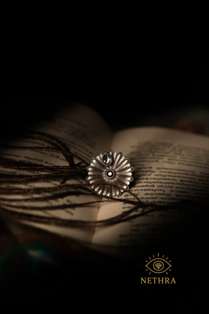 Oxidized Silver Floral Sunburst Earrings with Dual Stone Accents