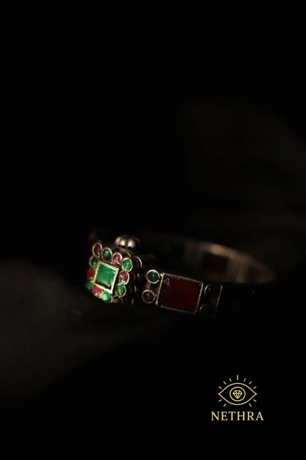 Antique Oxidized Silver Bangle with Green & Red Gemstone Work