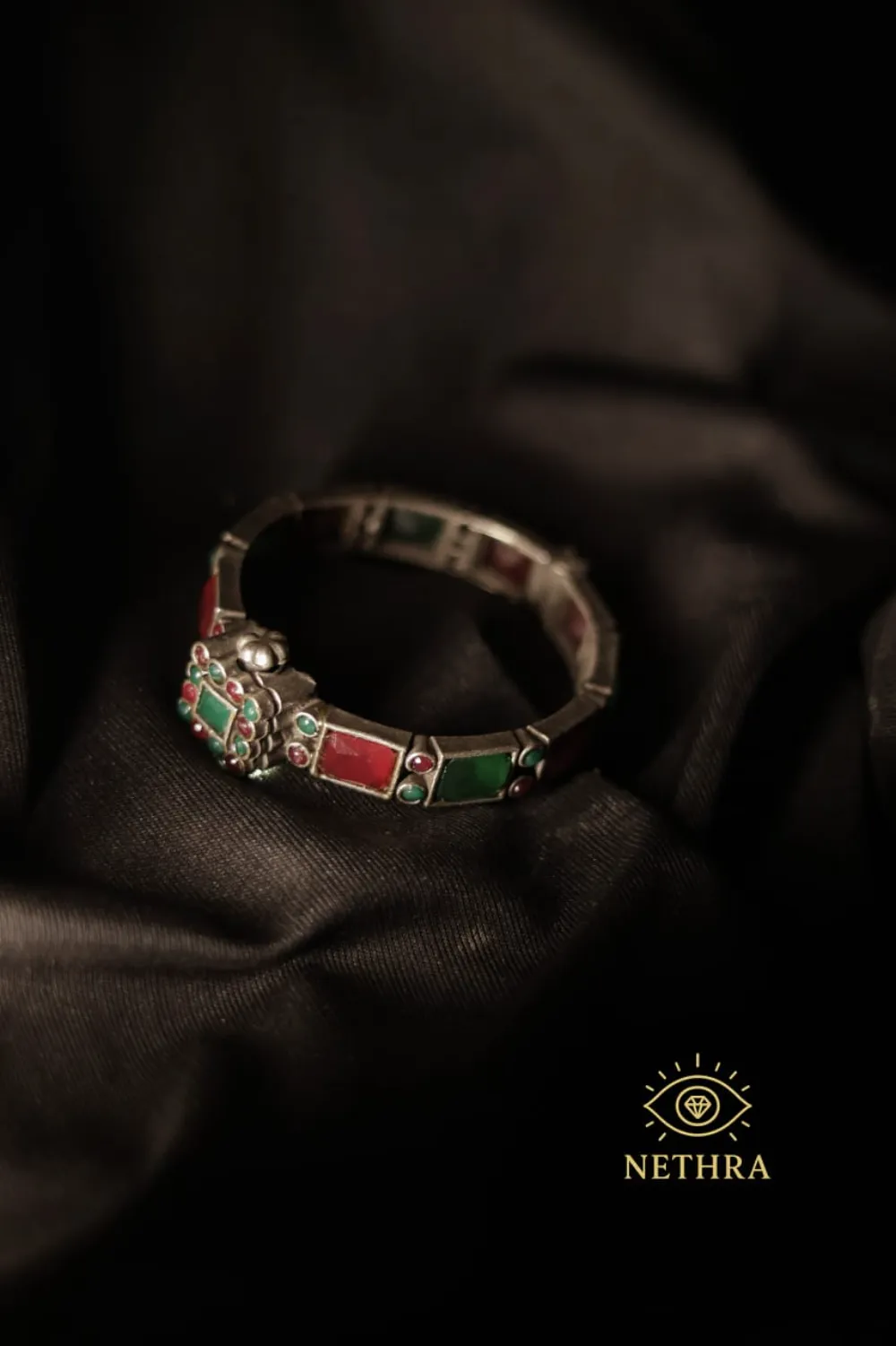 Oxidized Silver Heritage Bangle with Red & Green Gemstone Inlay