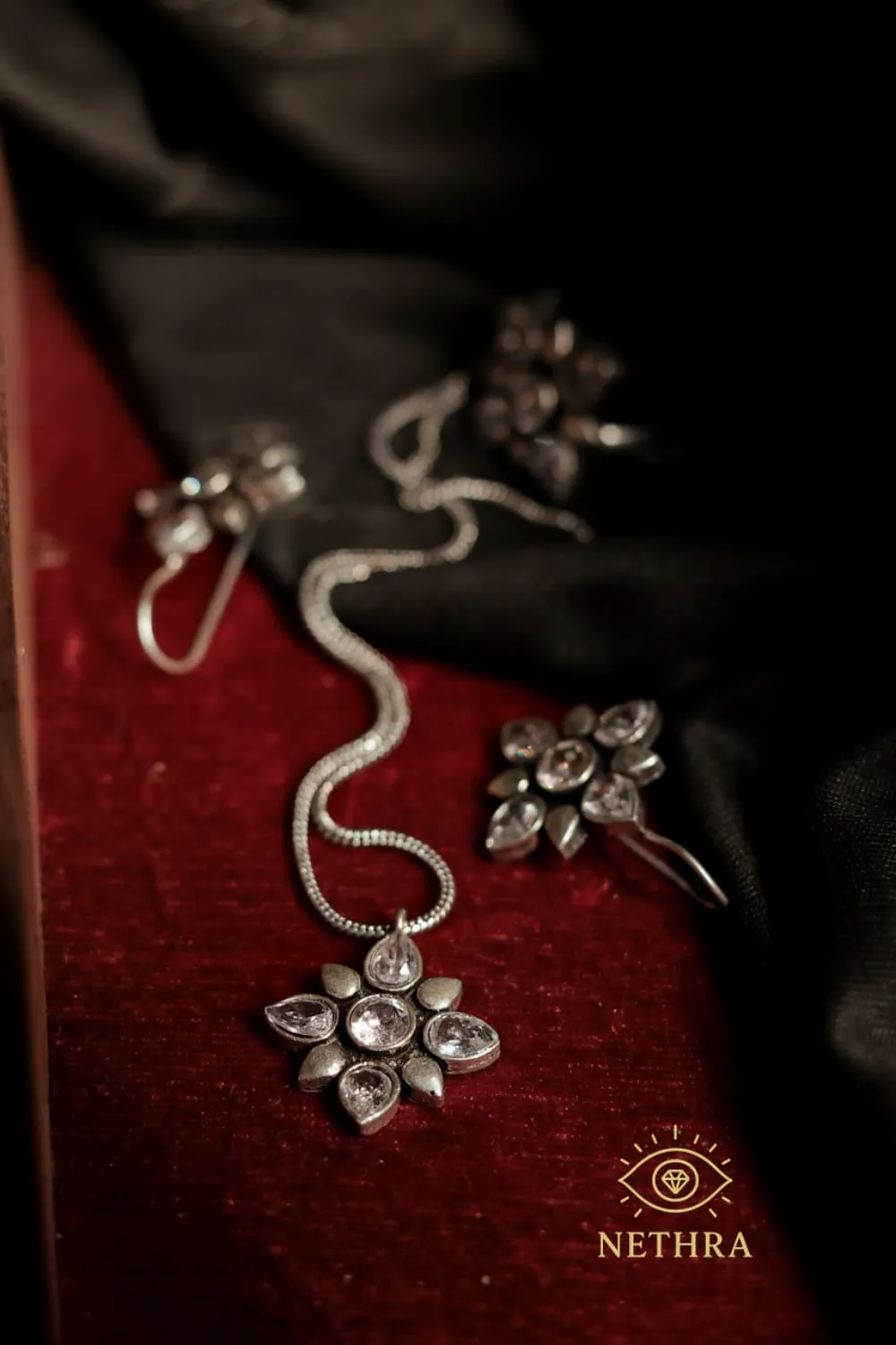 Oxidized Silver Floral Necklace Set with Matching Earrings