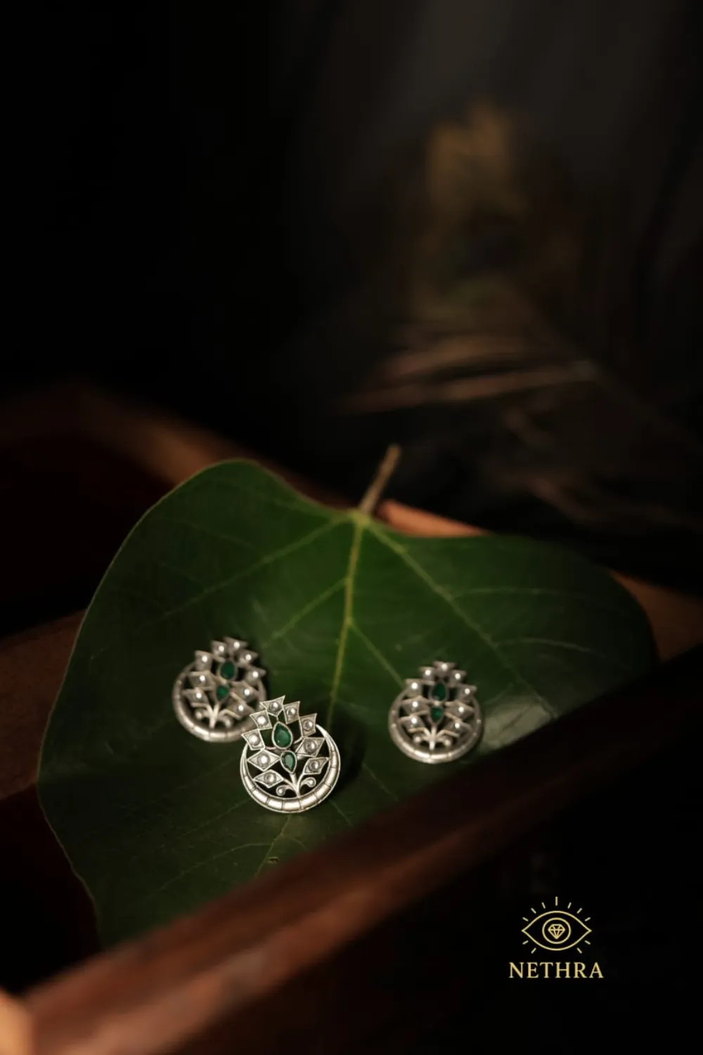 Oxidized Silver Leaf Motif Earrings with Green Stones