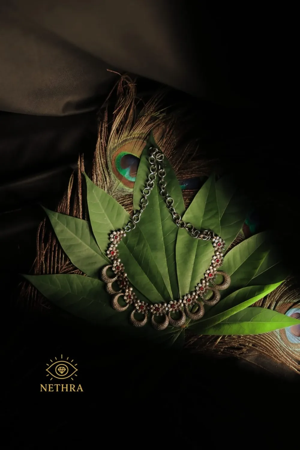 Oxidized Silver Crescent Necklace Set with Earrings