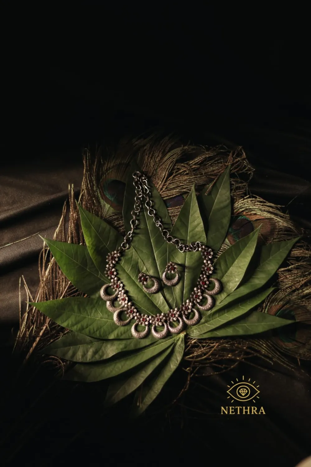 Oxidized Silver Crescent Necklace Set with Earrings