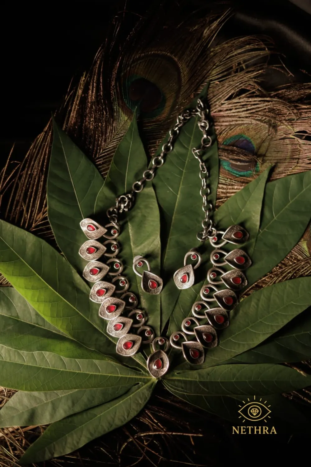 Oxidized Silver Red Stone Leaf Necklace Set with Earrings