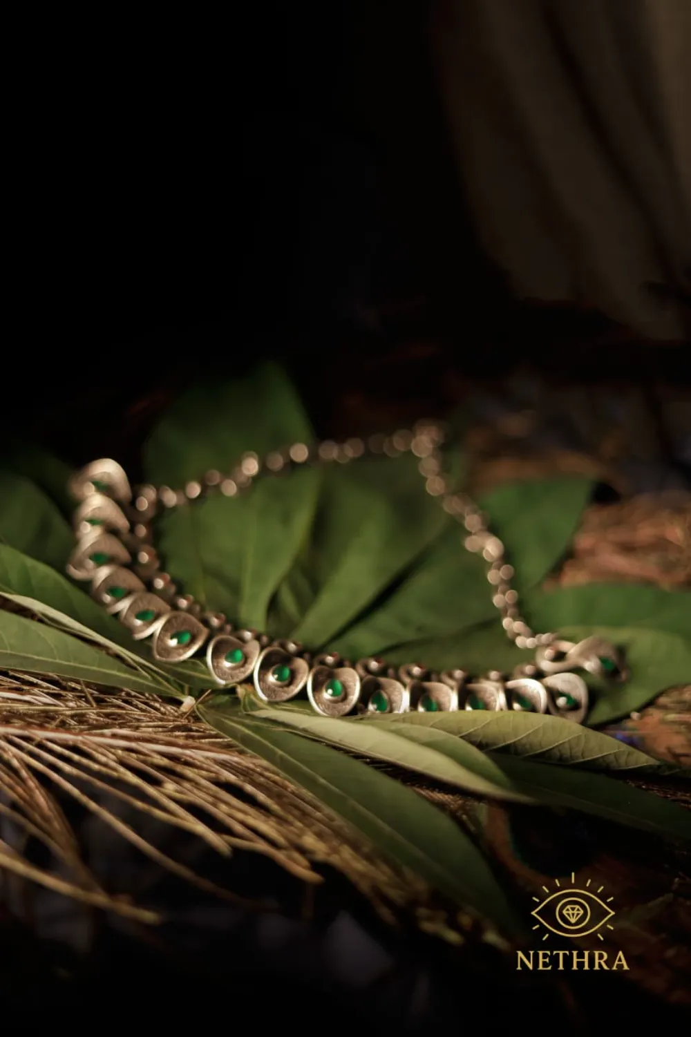 Oxidized Silver Green Stone Leaf Necklace Set with Earrings