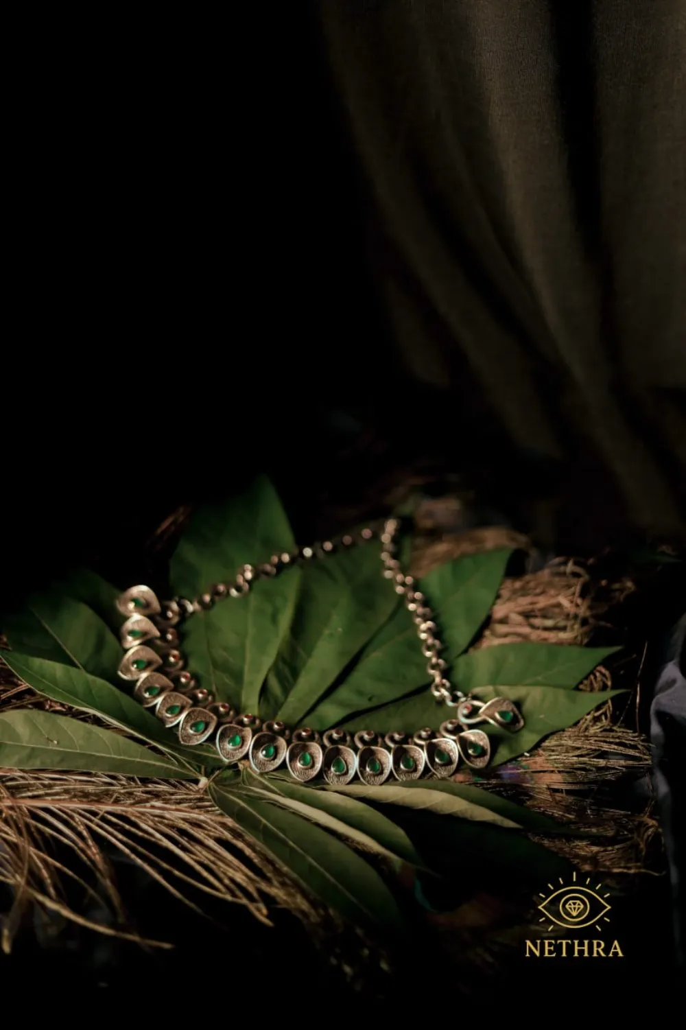 Oxidized Silver Green Stone Leaf Necklace Set with Earrings
