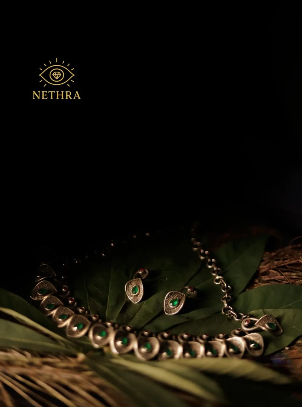 Oxidized Silver Green Stone Leaf Necklace Set with Earrings