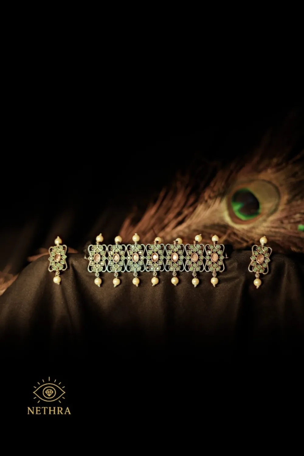 Oxidized Silver Green Enamel Choker Necklace with Earrings