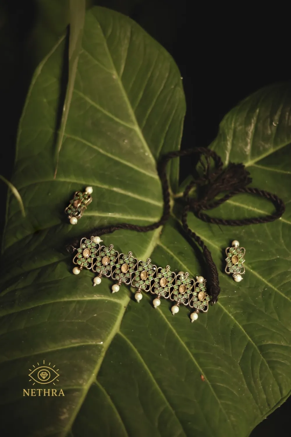 Oxidized Silver Green Enamel Choker Necklace with Earrings