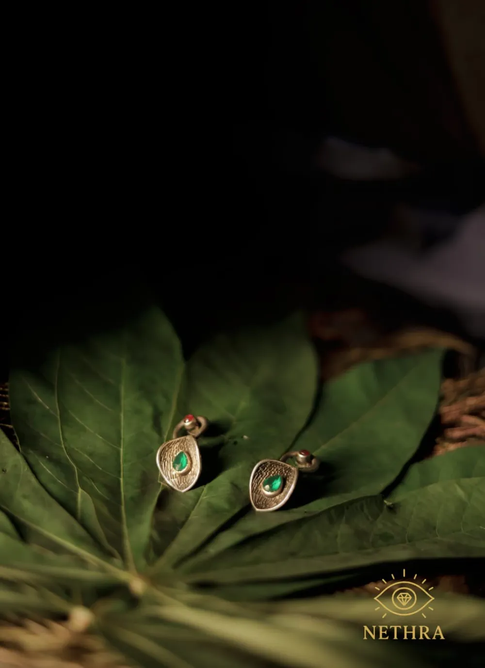 Oxidized Silver Green Stone Leaf Necklace Set with Earrings