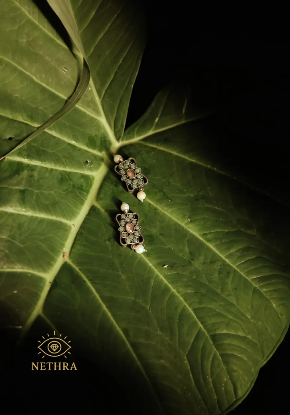 Oxidized Silver Green Enamel Choker Necklace with Earrings