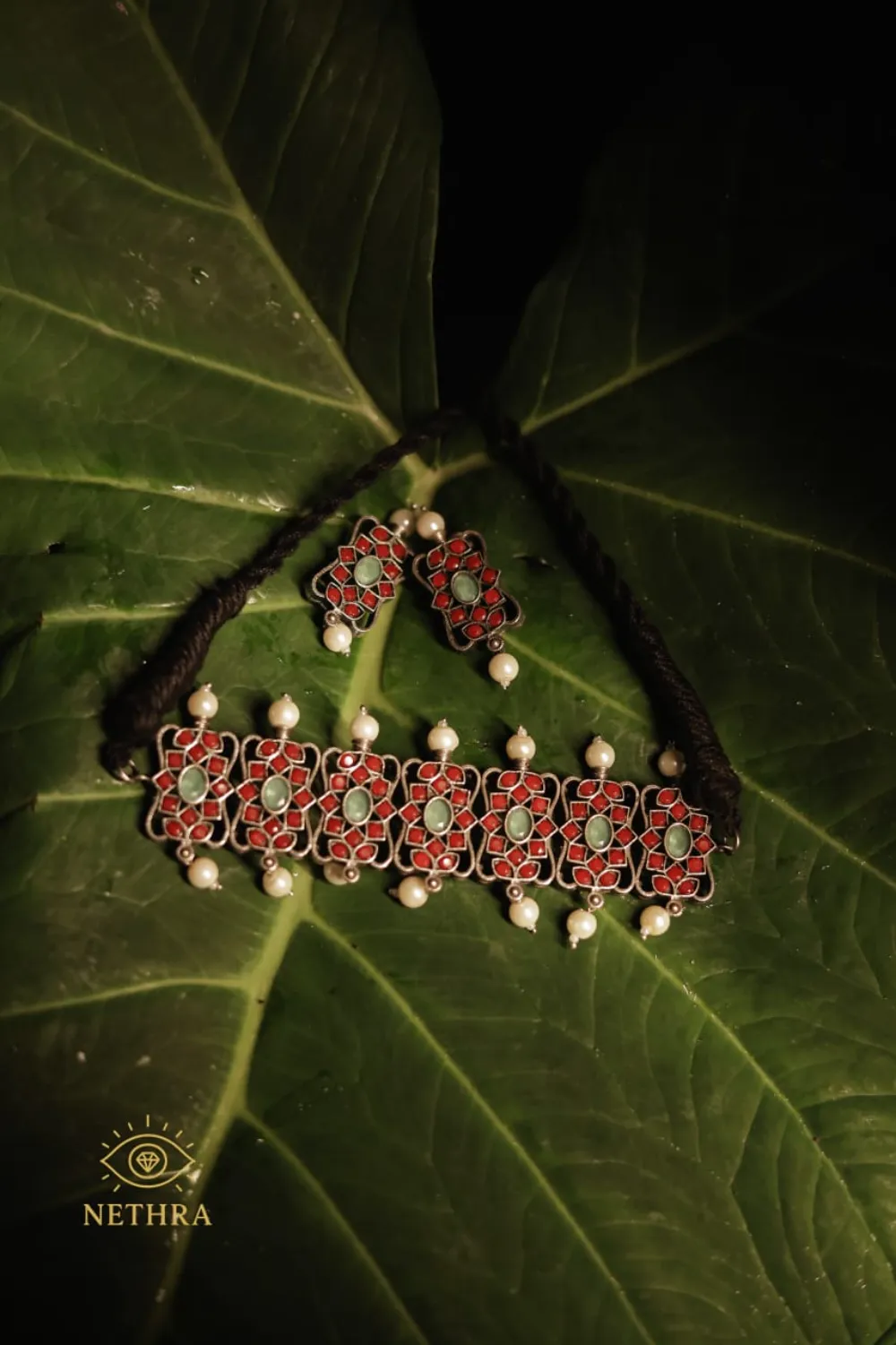 Oxidized Silver Red & Green Enamel Choker Necklace with Earrings