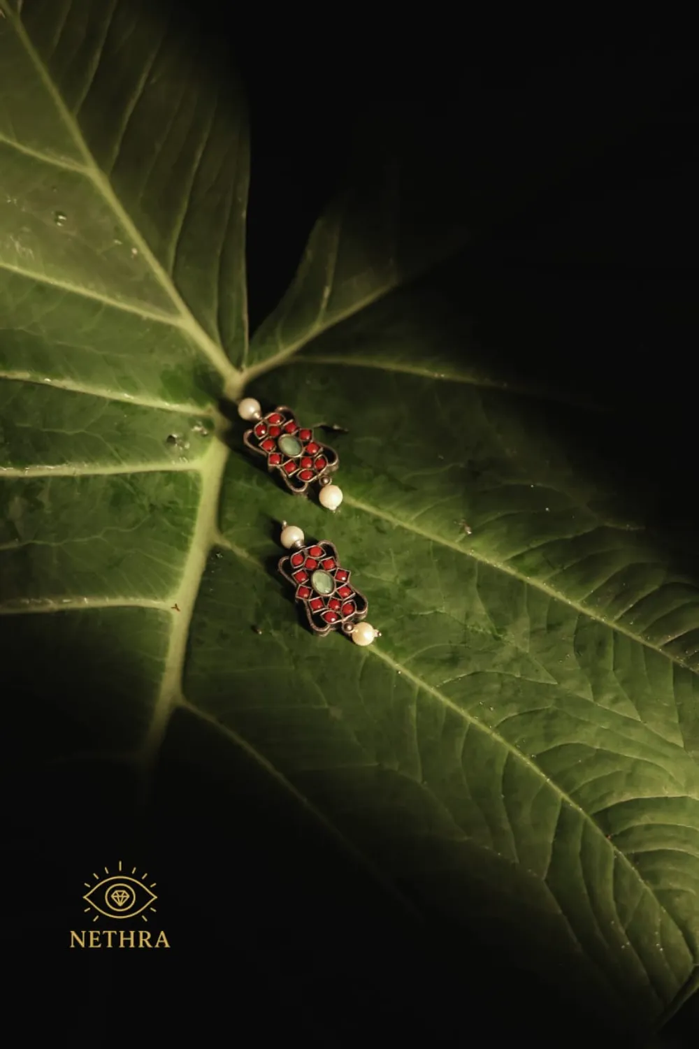 Oxidized Silver Red & Green Enamel Choker Necklace with Earrings